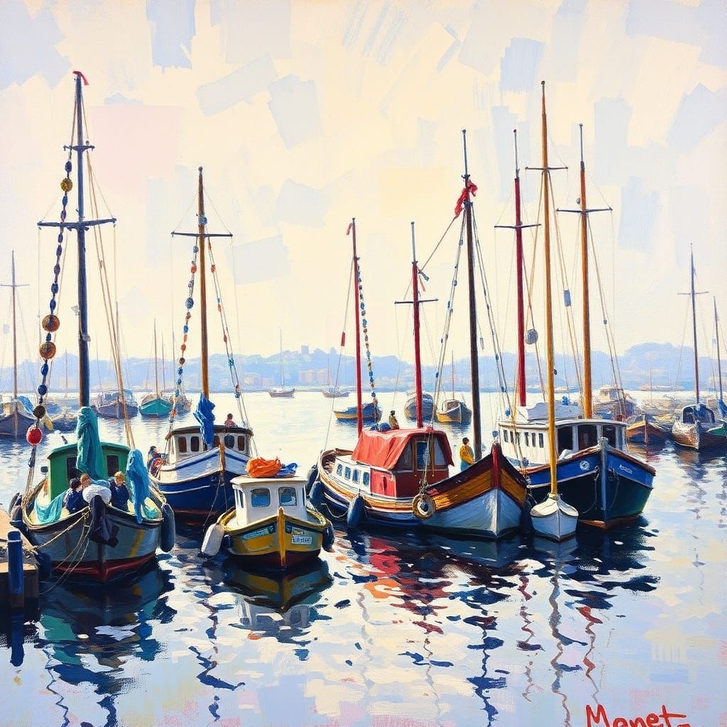 Impressionist Harbor Scene with Boats and Water