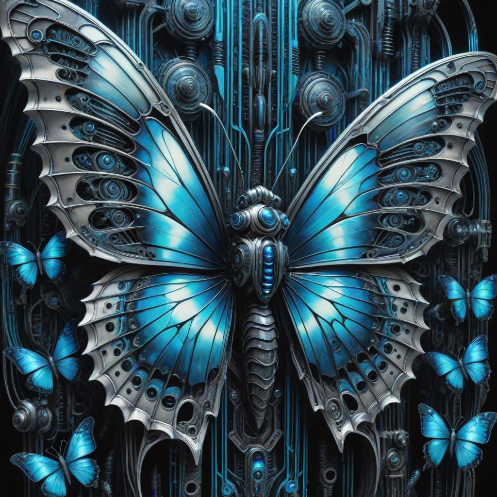 Biomechanical Butterflies Pollinating Crystalline Flowers