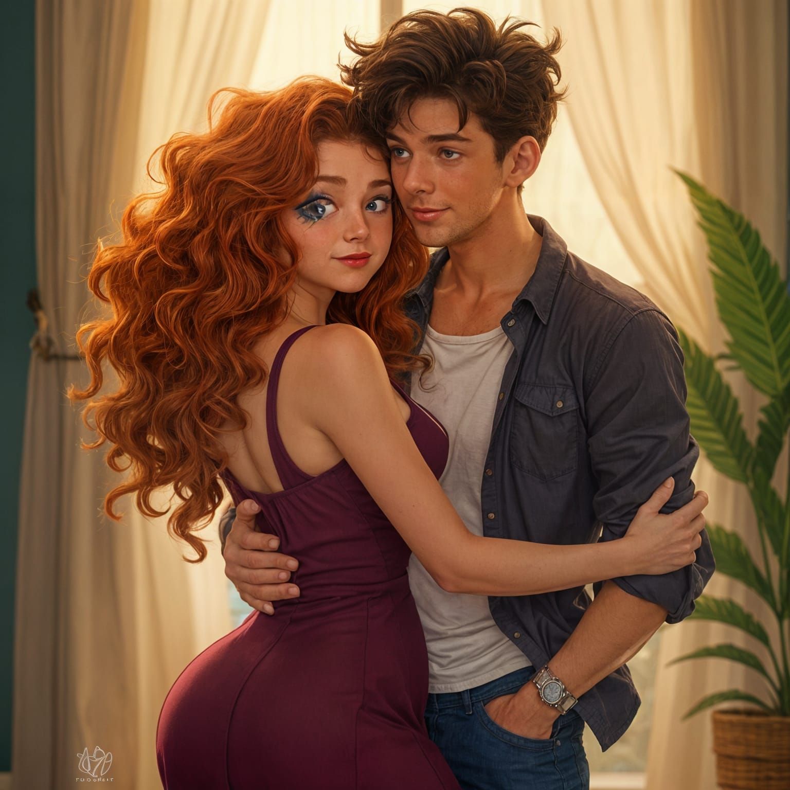 Curvy Woman in Rich Plum Dress with Chiseled Boyfriend in Pr...