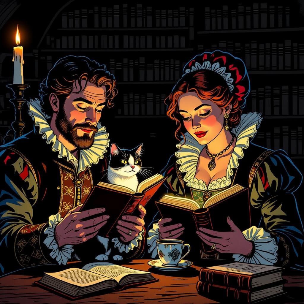 1600s Scholars Read Ghost Books With Cats and Coffee