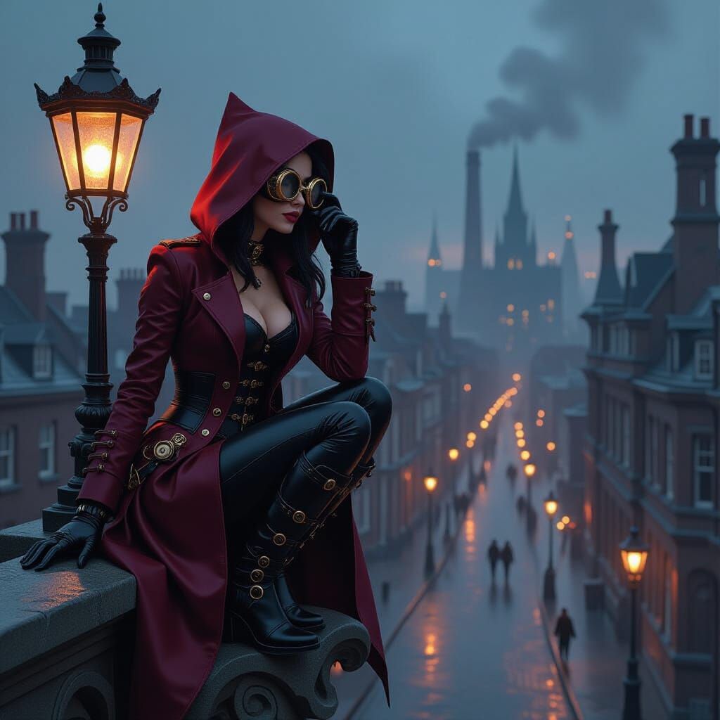 Steampunk Vigilante Overlooks Victorian London at Night