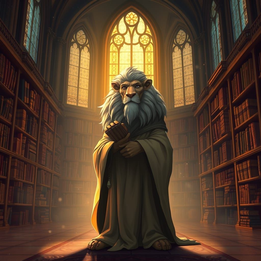 Anthropomorphic Lion in Grand Library, Digital Art