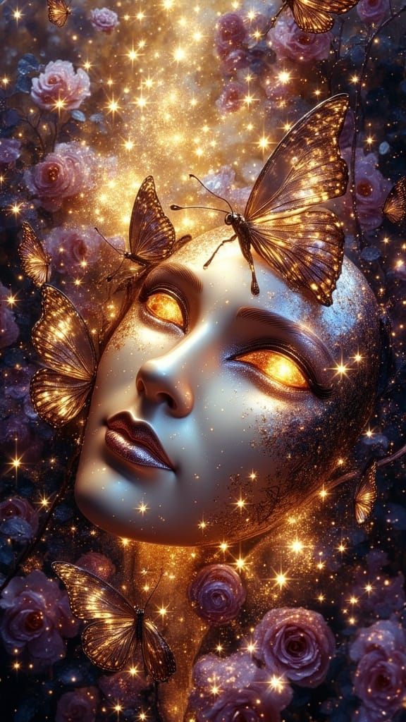 <lora:Exquisite Flux:1.0> A mysterious porcelain mask cracks open to reveal a cosmic universe within, its golden light s...