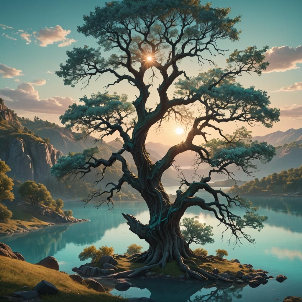 Majestic Tree Overlooking Lake at Sunset