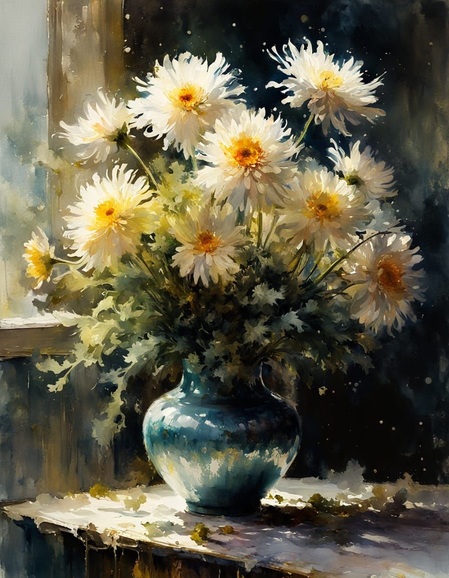 Vase of Chrysanthemums: Detailed Watercolor Painting