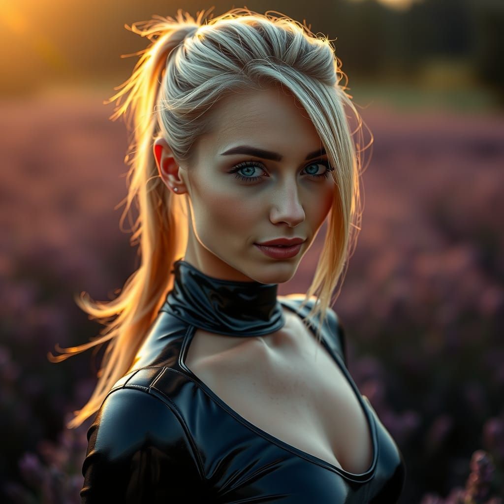 Woman in Latex in Lavender Field: Hyperrealistic Portrait