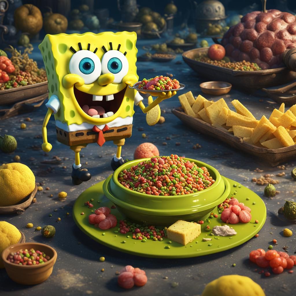 Spongebob Eats Cat Food: Detailed Matte Painting