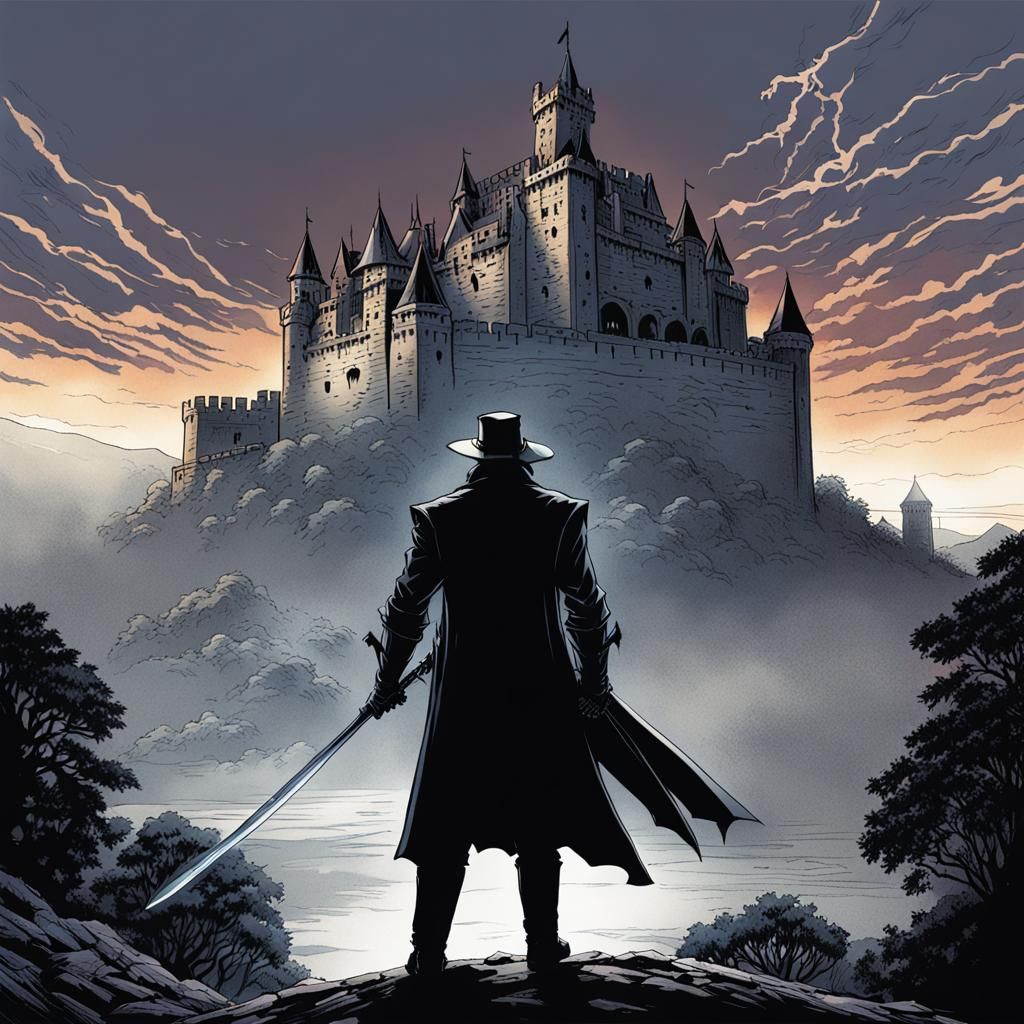 Vampire Hunter at Castle, Comic Book Art