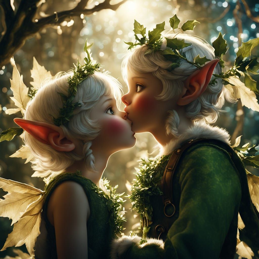 Christmas Elves Share Romantic Kiss under Mistletoe in Cinem...