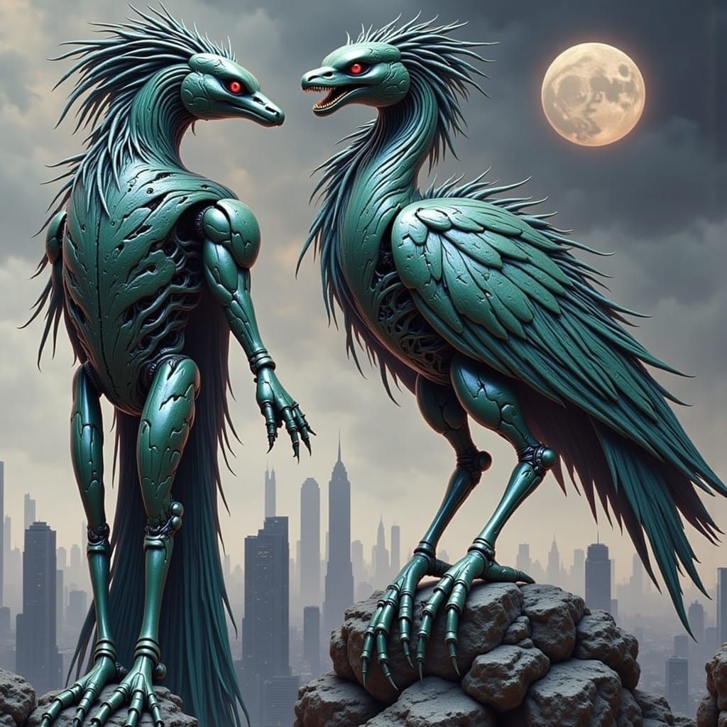 Skyscraper-Scale Biomechanical Heron in Giger Style