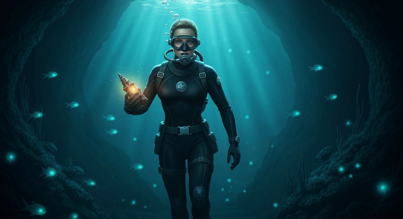 Underwater Specialist Clutches Glowing Artifact in Noir Cave...
