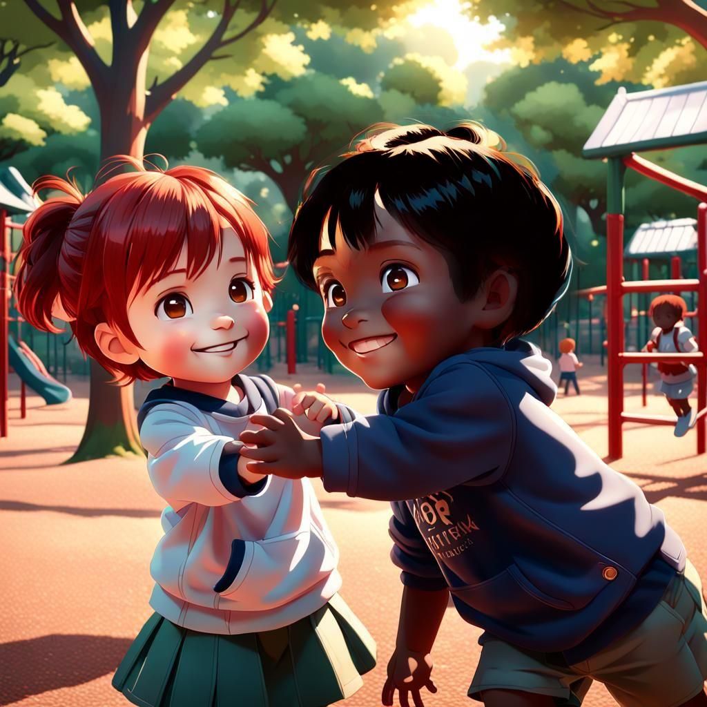 Children Playing in Park: Anime-Inspired 3D Art