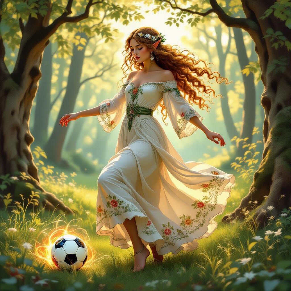 Art Nouveau Elf Kicking Luminous Soccer Ball in Forest