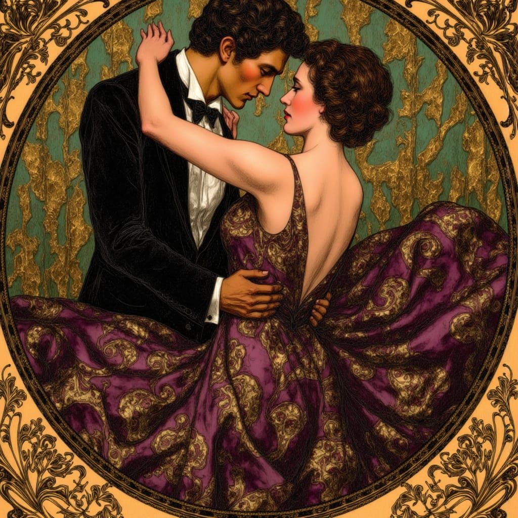 Art Nouveau Proposal Scene in Klimt and Mucha Style