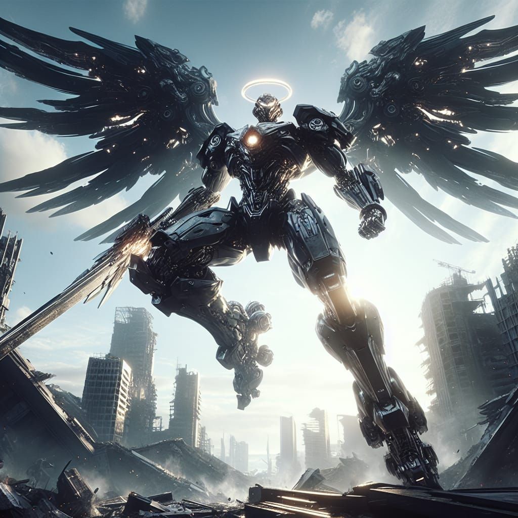 Gigantic Mech Angel in Glossy Black Armor Towers Over Ruined...