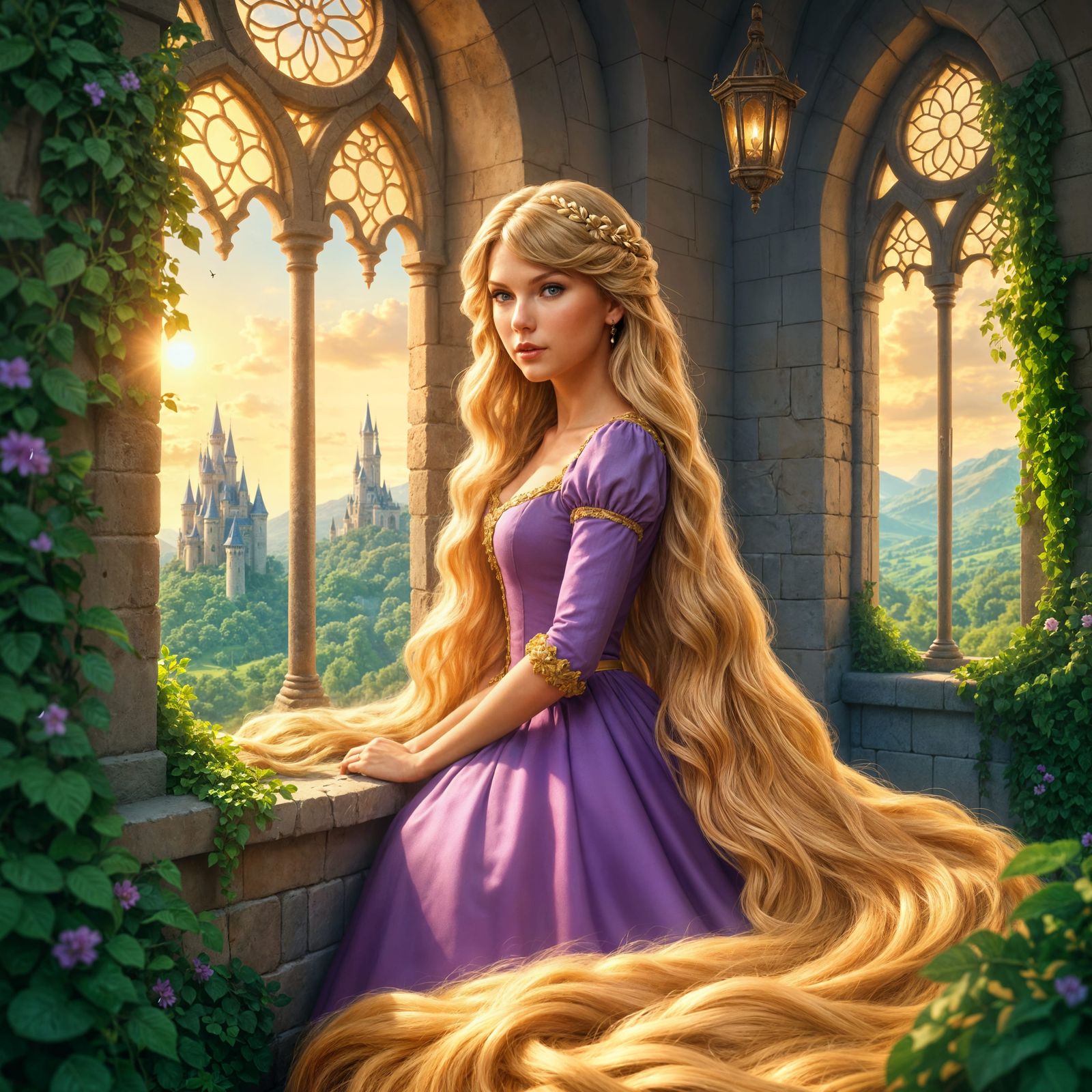 Taylor Swift as Rapunzel in Exaggerated Cartoon Style