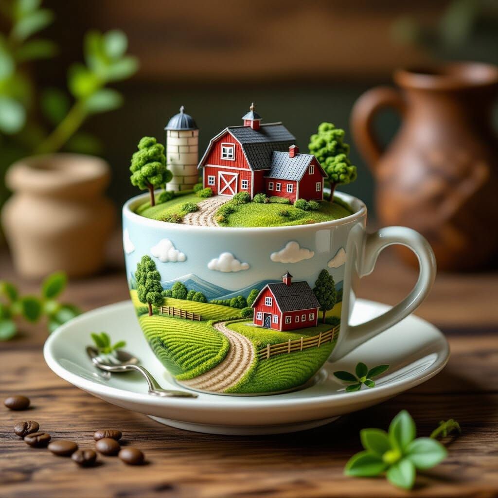 Rural Farm Landscape Inside a Coffee Cup