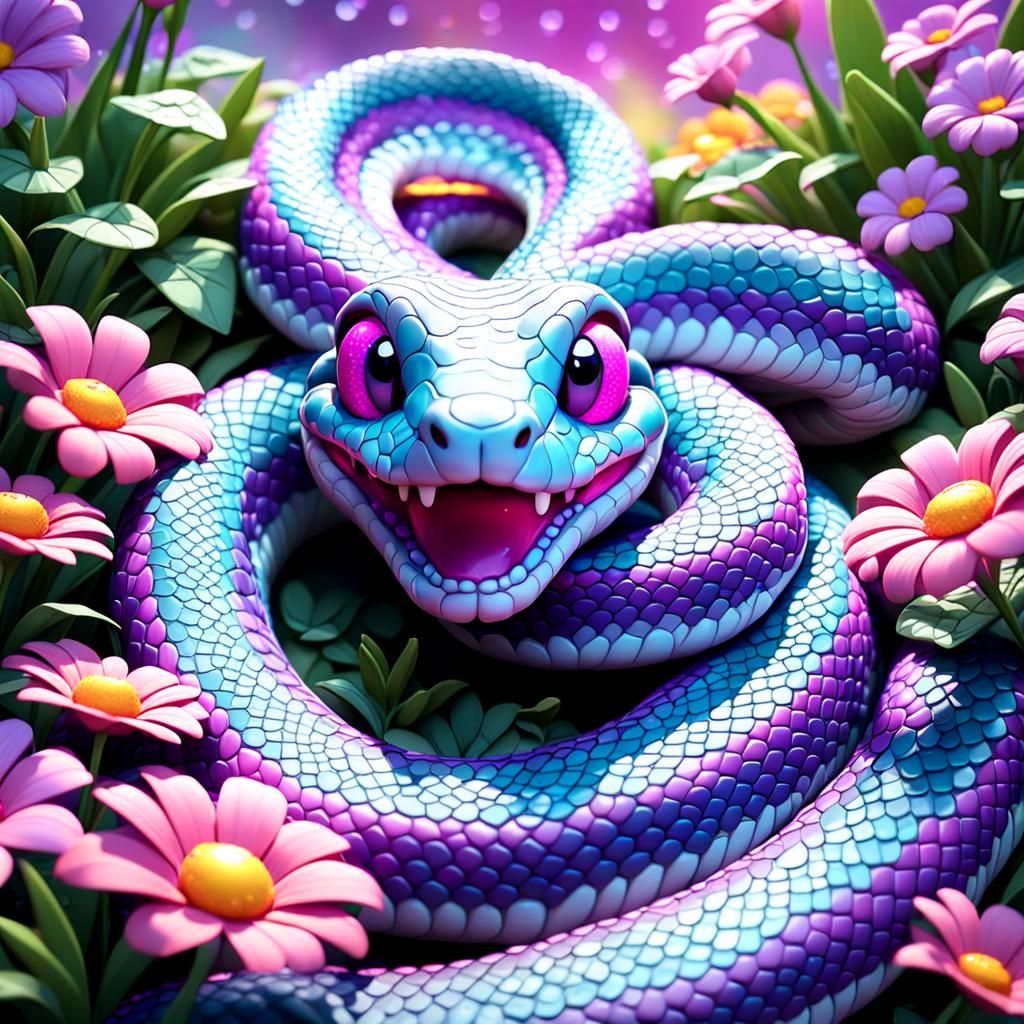 Friendly Purple Snake Smiling in Flower Patch: Pixar Style