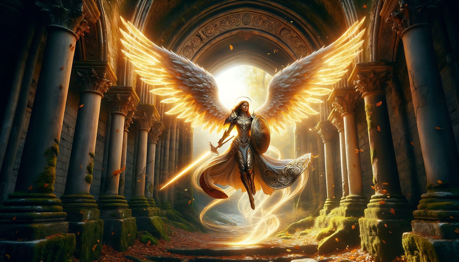 Angel Descending Through Grand Archway in Golden Light