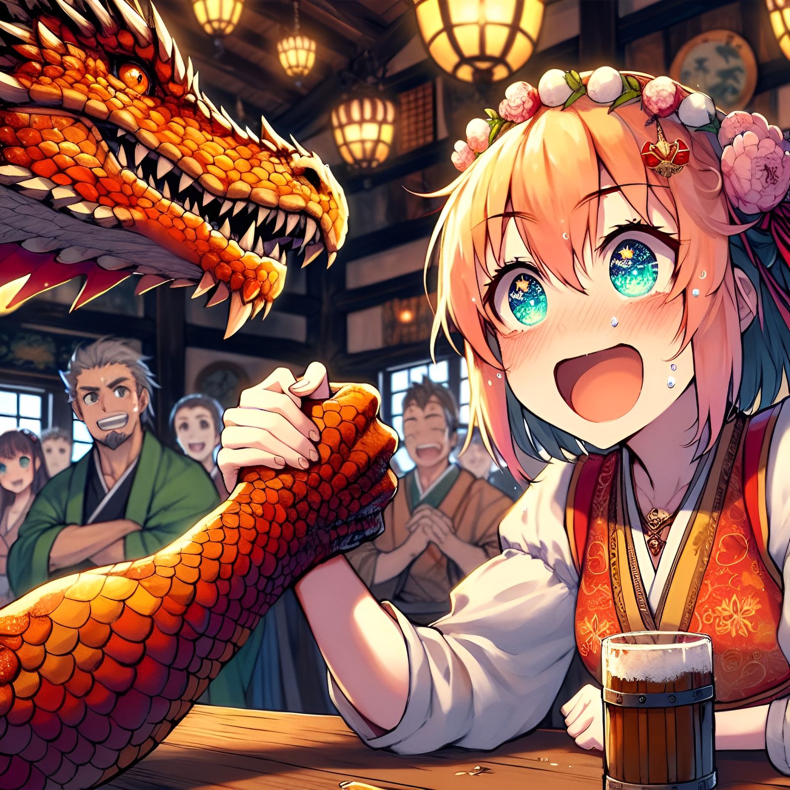 Humorous Anime Girl Arm Wrestling Dragon