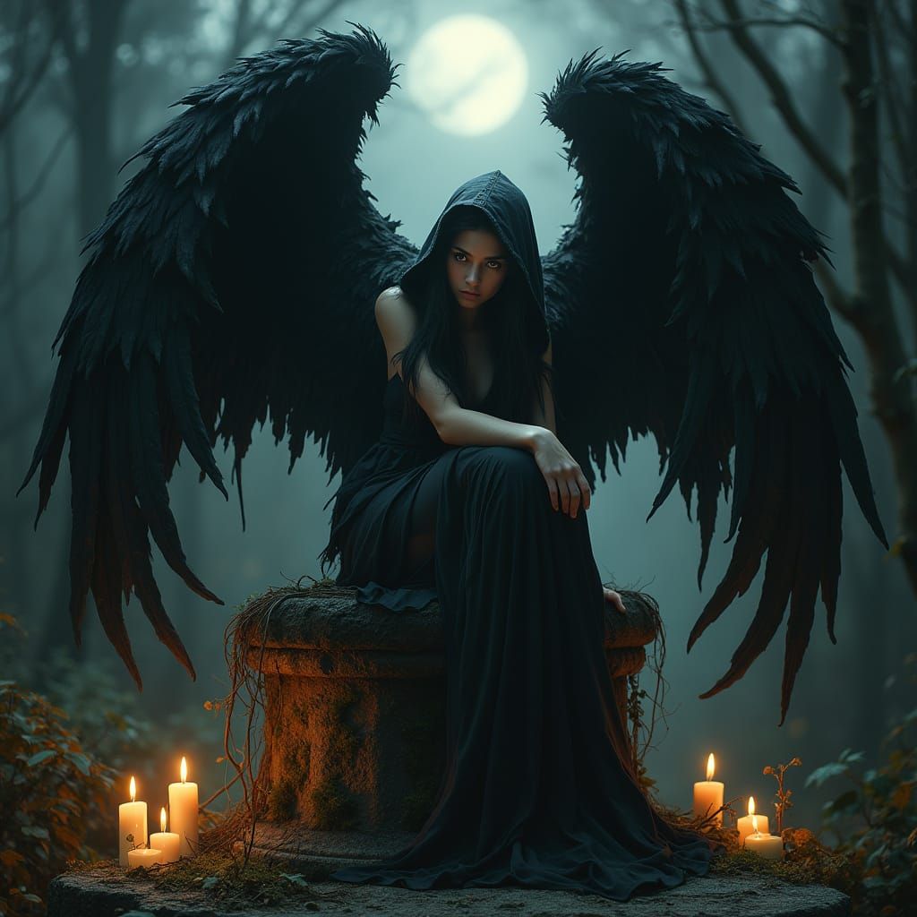 Ethereal Gothic Angel in Tattered Finery, Crouching in Shado...