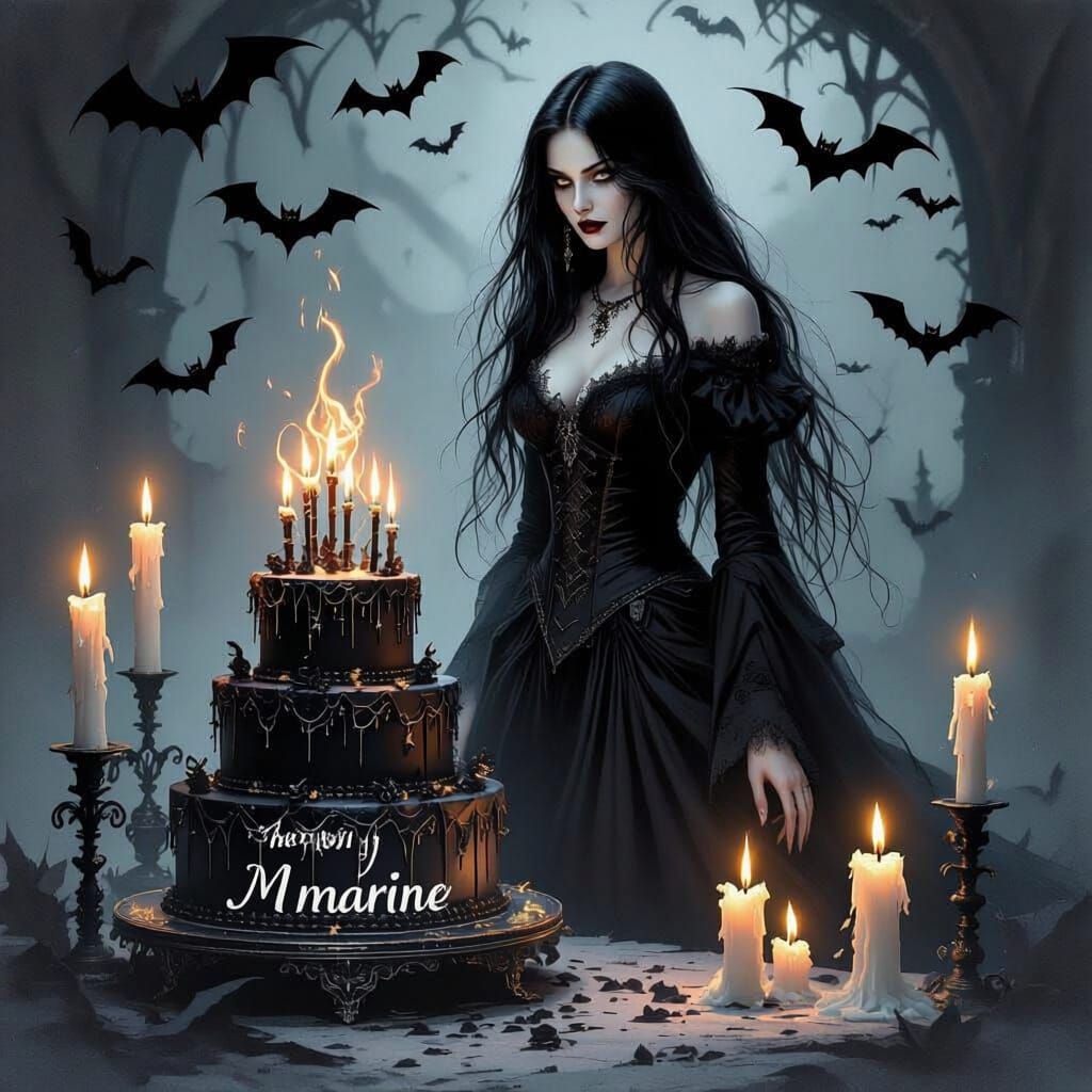 Gothic Sorceress Birthday Scene with Candles and Bats