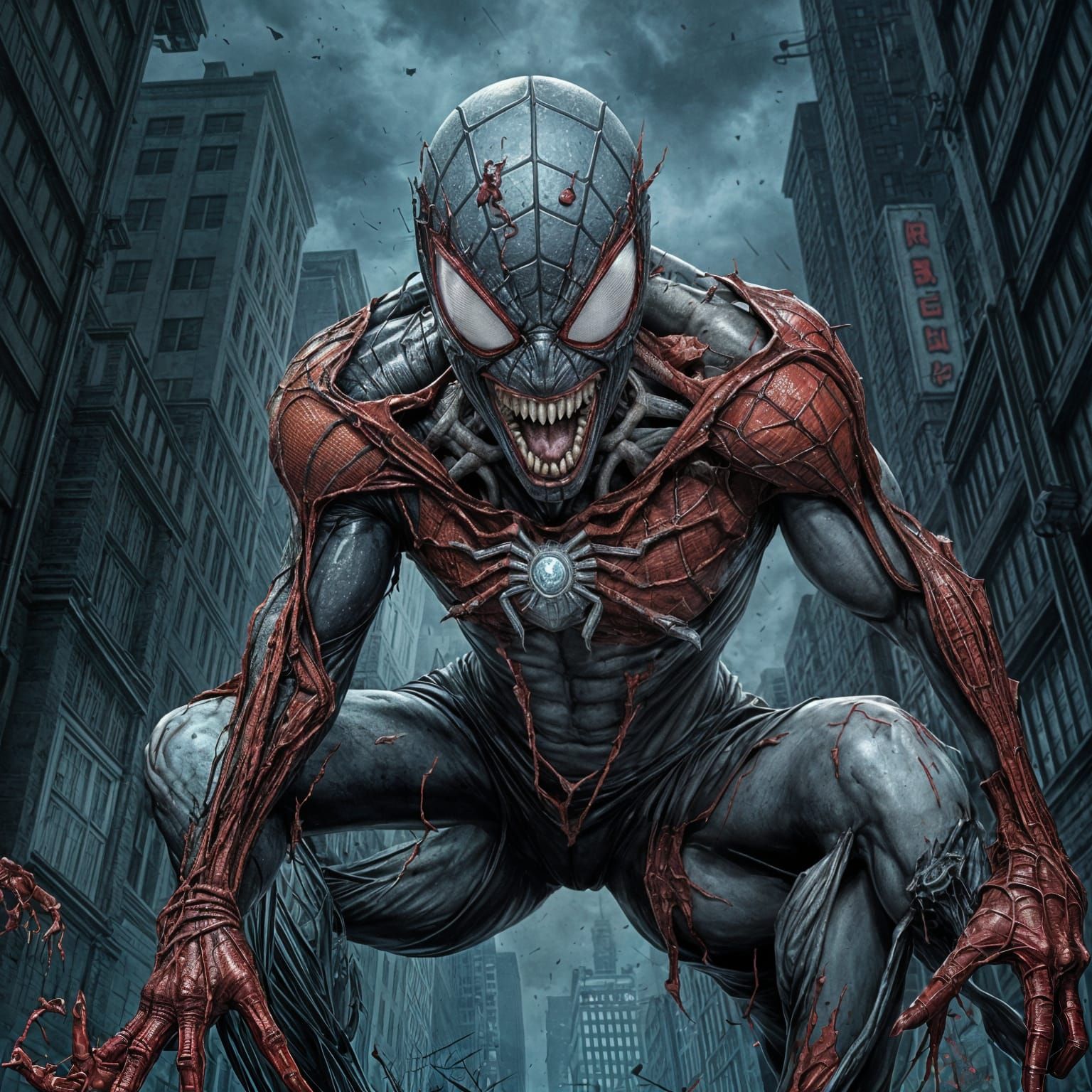 Twisted Zombie Spider-Man in Dark Gritty Anime Style