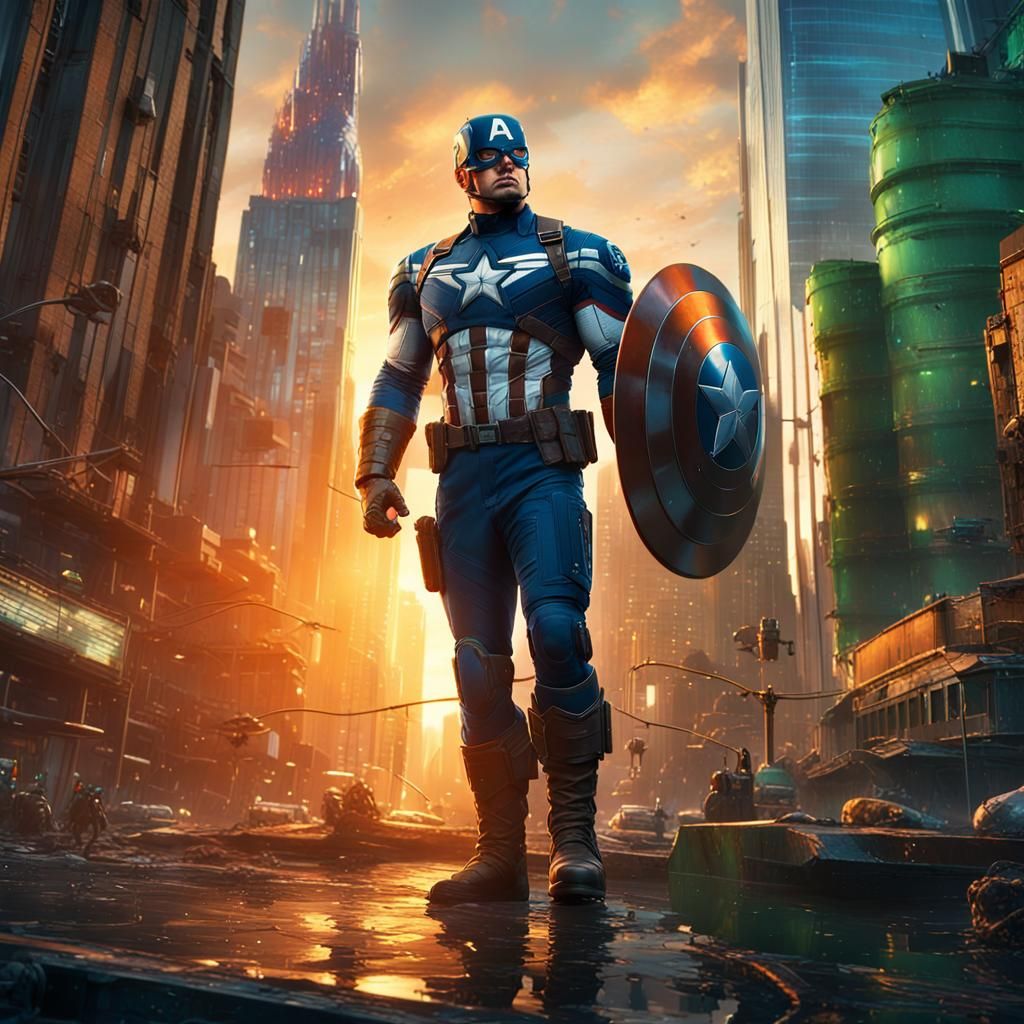 Captain America in a Futuristic Cityscape: Cinematic Matte P...