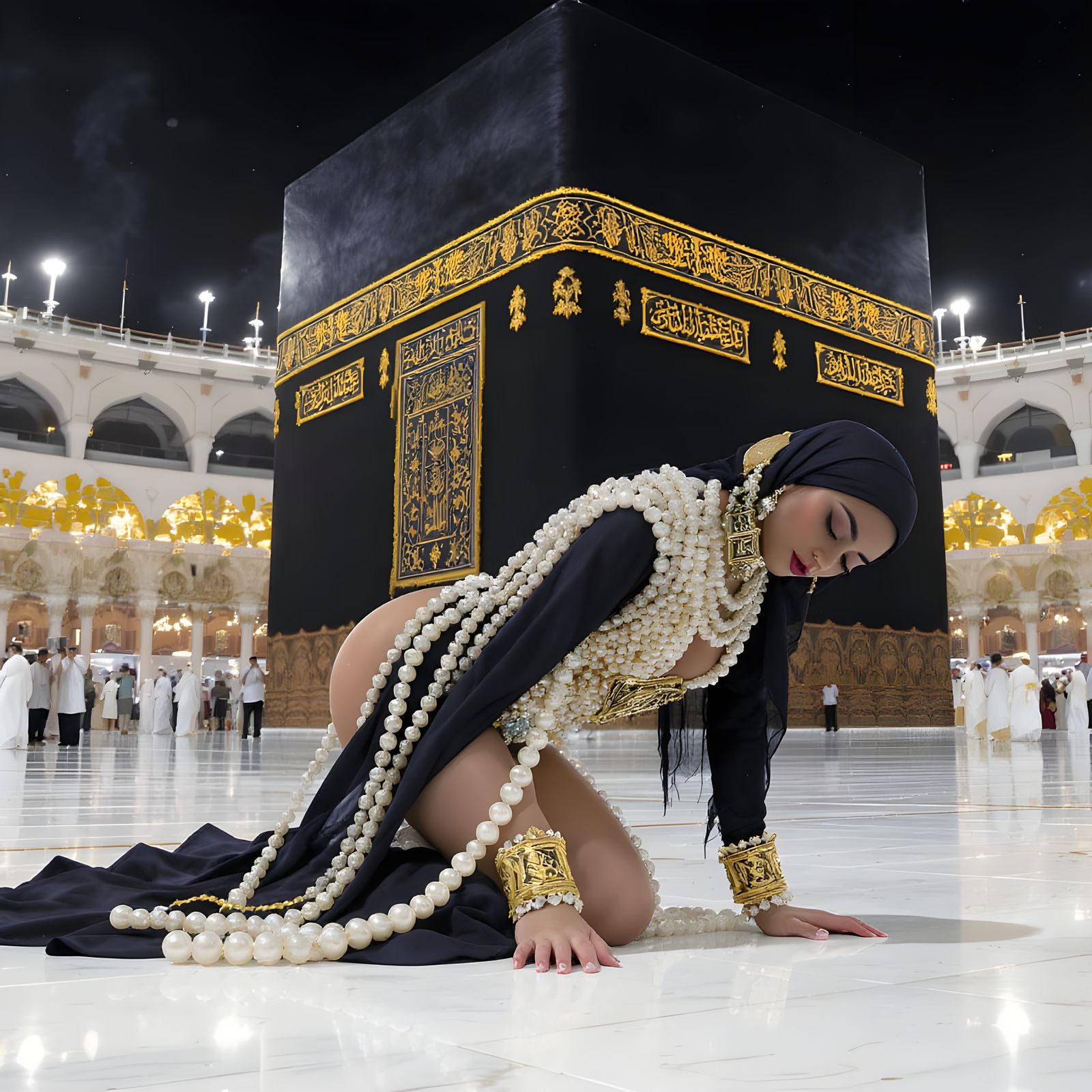 Woman in Hijab with Pearl Jewelry at Kaaba