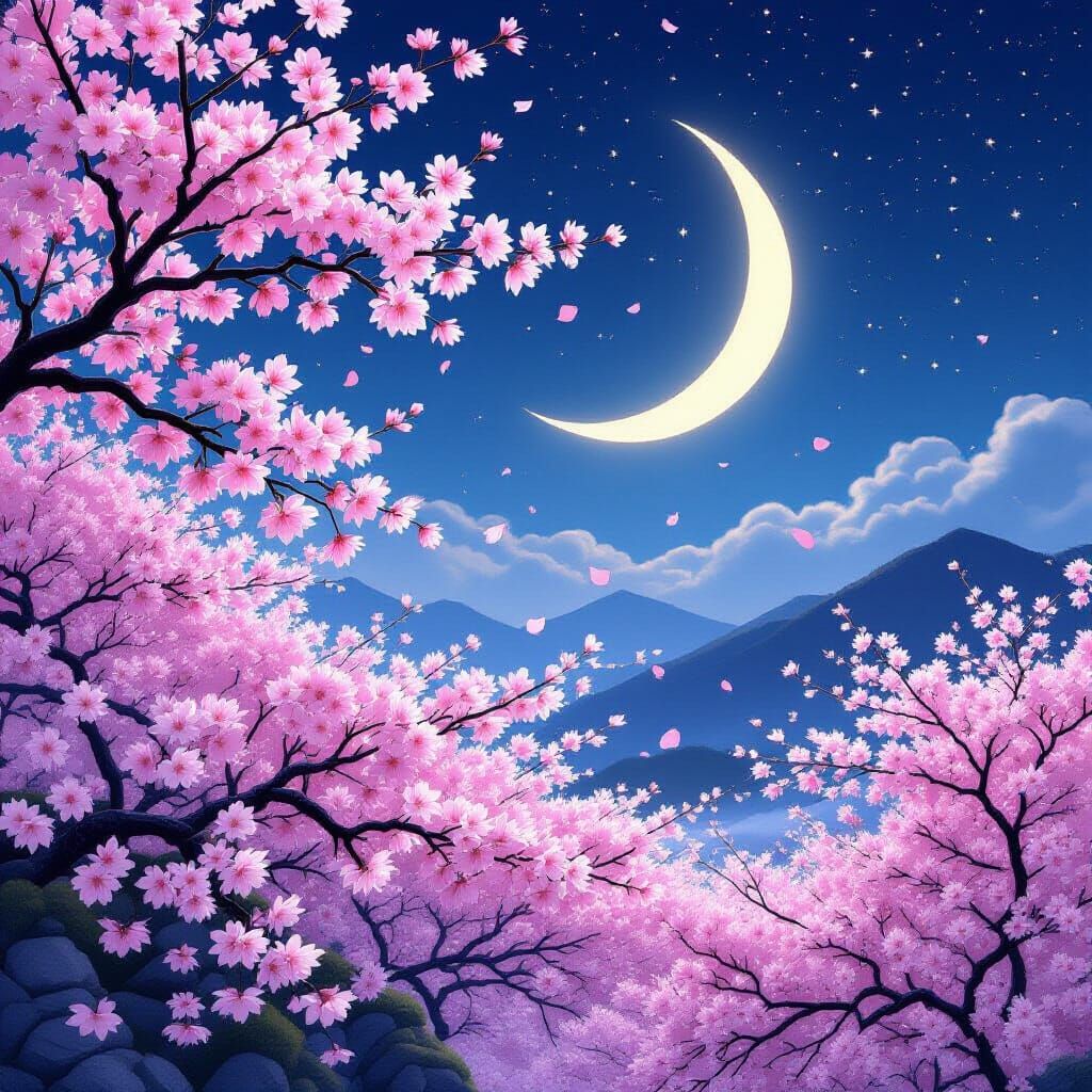 Dreams Beneath Crescent Moon Amidst Cherry Blossoms