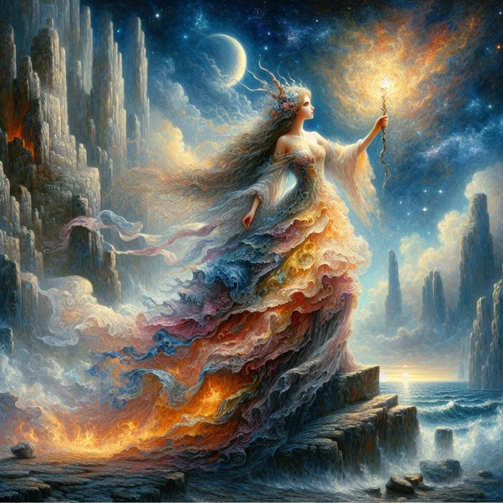 Woman with Magic Staff at Cliff Edge: Impressionistic Oil Pa...