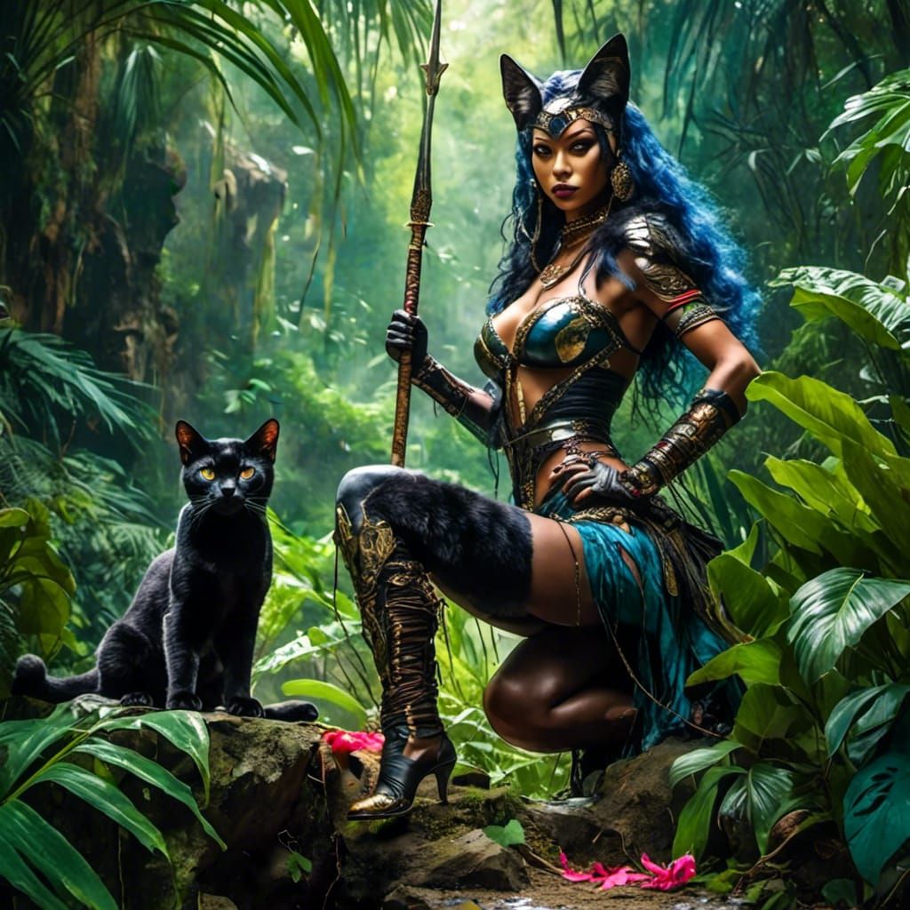 Exotic Cat Woman Warrior in Jungle Scene