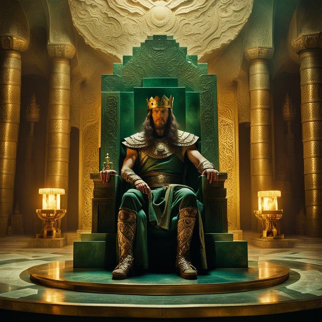 King on Jade Throne in Marble Room: Cinematic Still