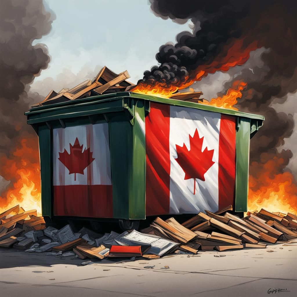 Sinister Image of Canadian Flag and Burning Dumpster