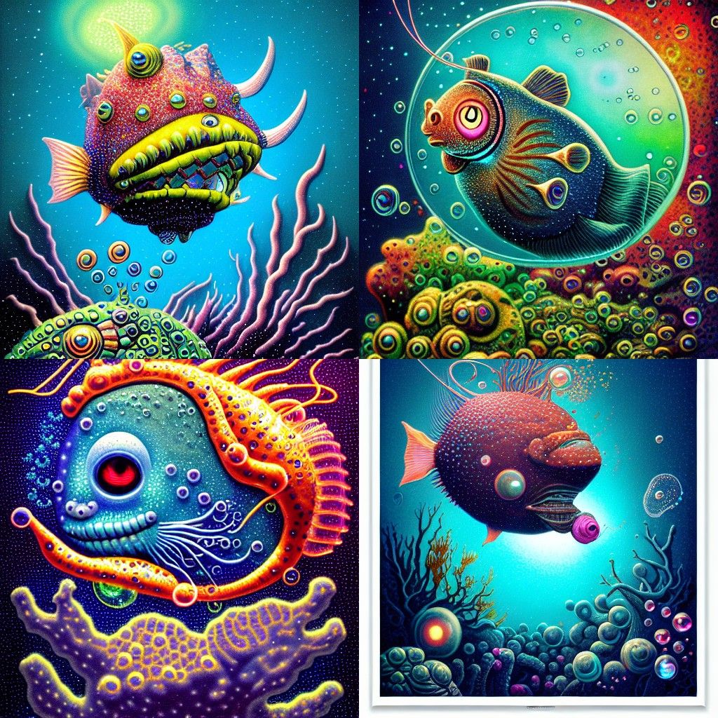 Bio-Mechanical Angler Fish Portrait in Kinetic Pointillism