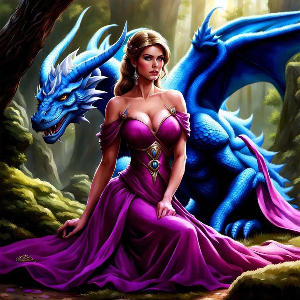 Elf Princess and Blue Dragon Fantasy Landscape