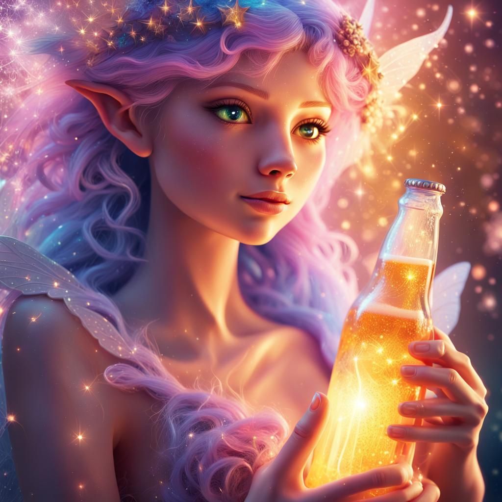 Fairy Holding a Glowing Bottle Illustration