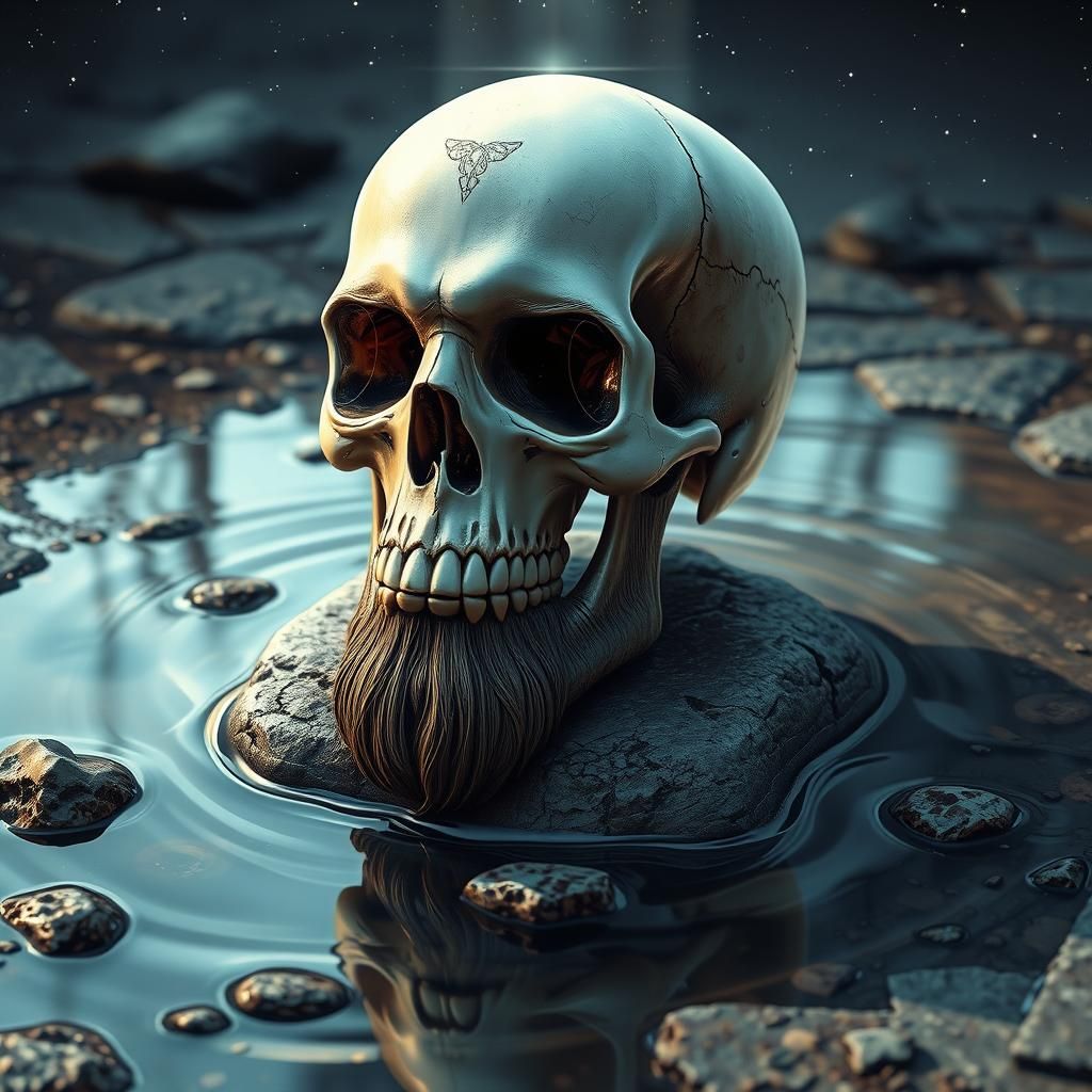 Bearded Skull on Stone in Cosmic Illustration