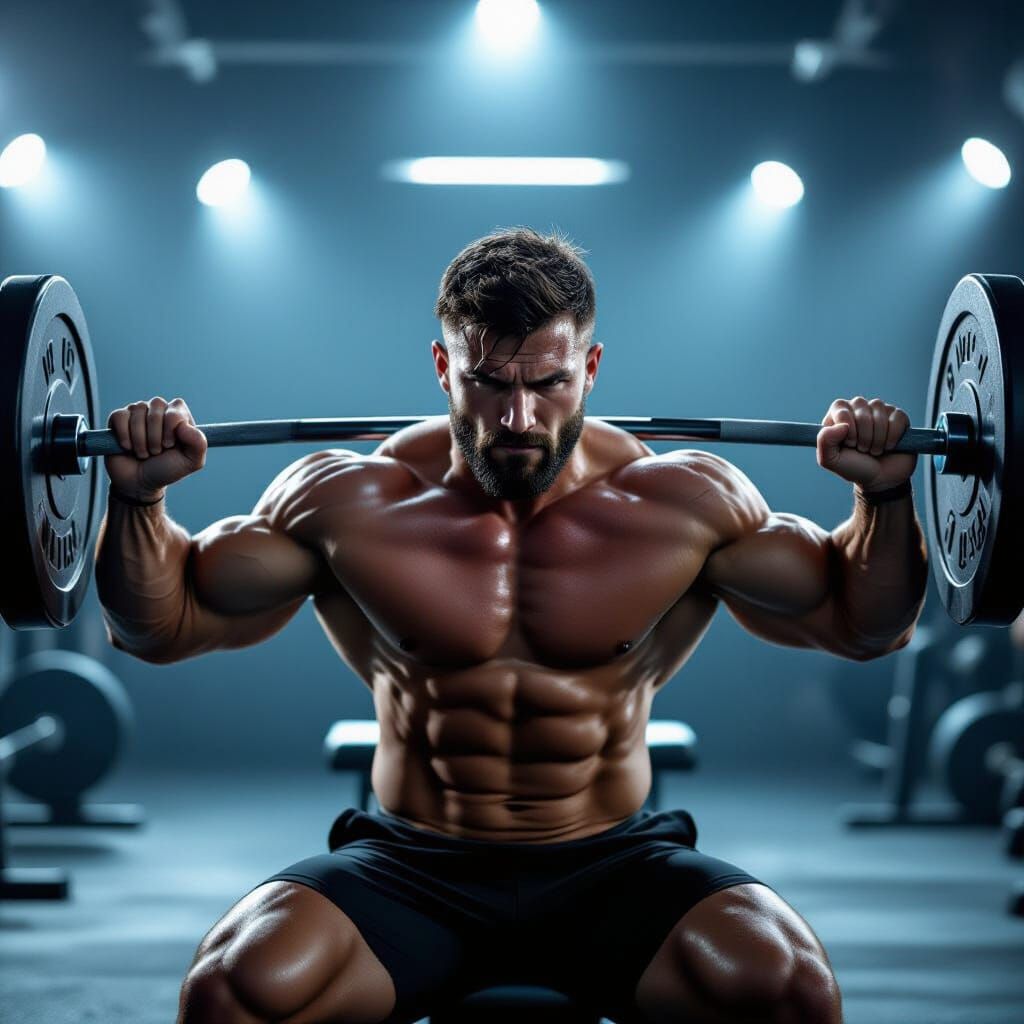 Muscular Man Bench Presses 100kg in Dramatic Studio Light