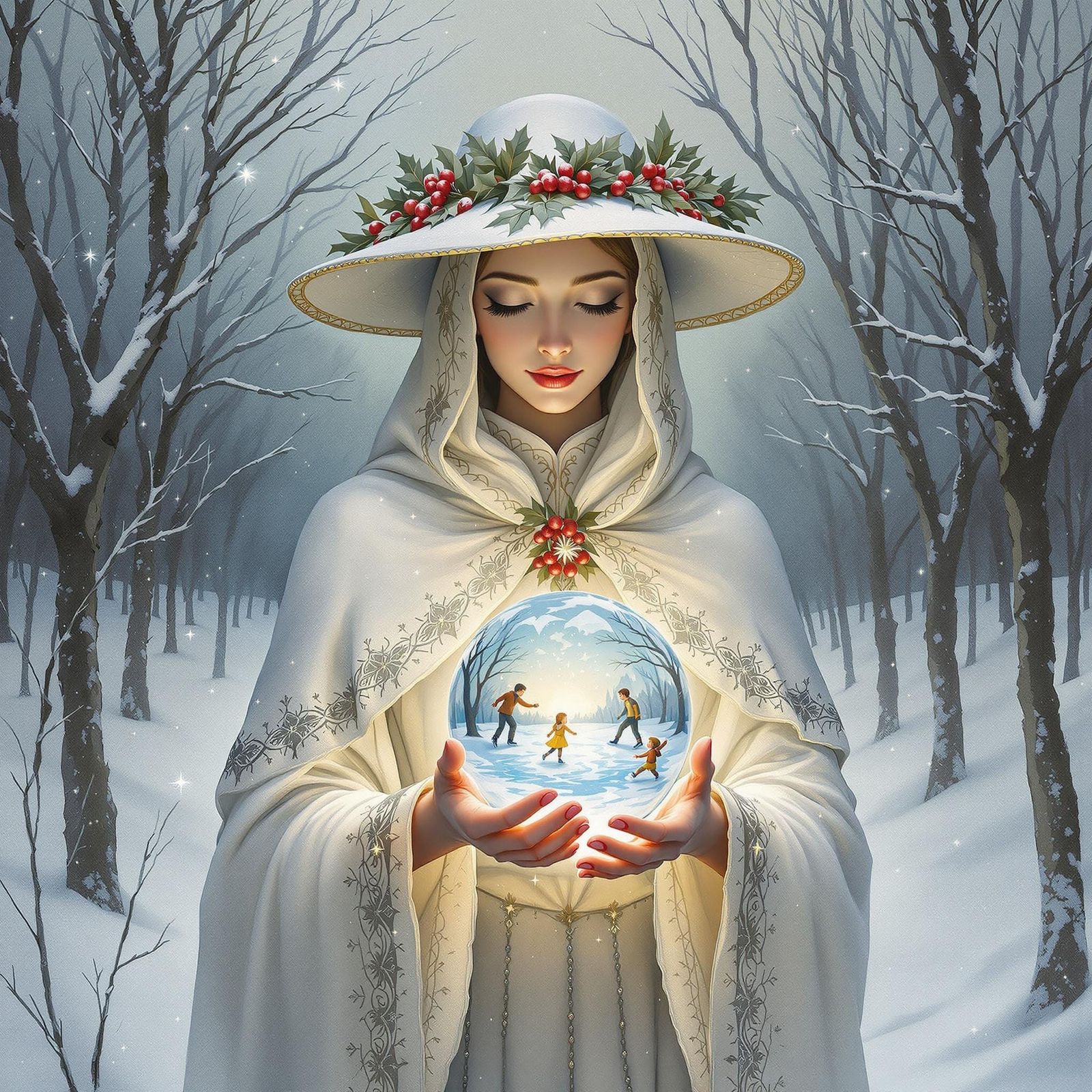 Ethereal Winter Scene with Mystical Figure and Magical Fores...