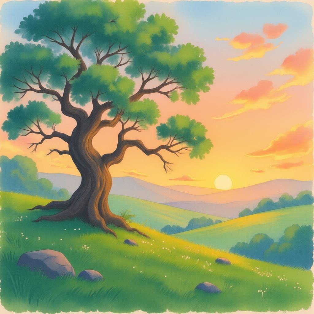 Ancient Tree on Misty Hill at Dawn in Ghibli Style