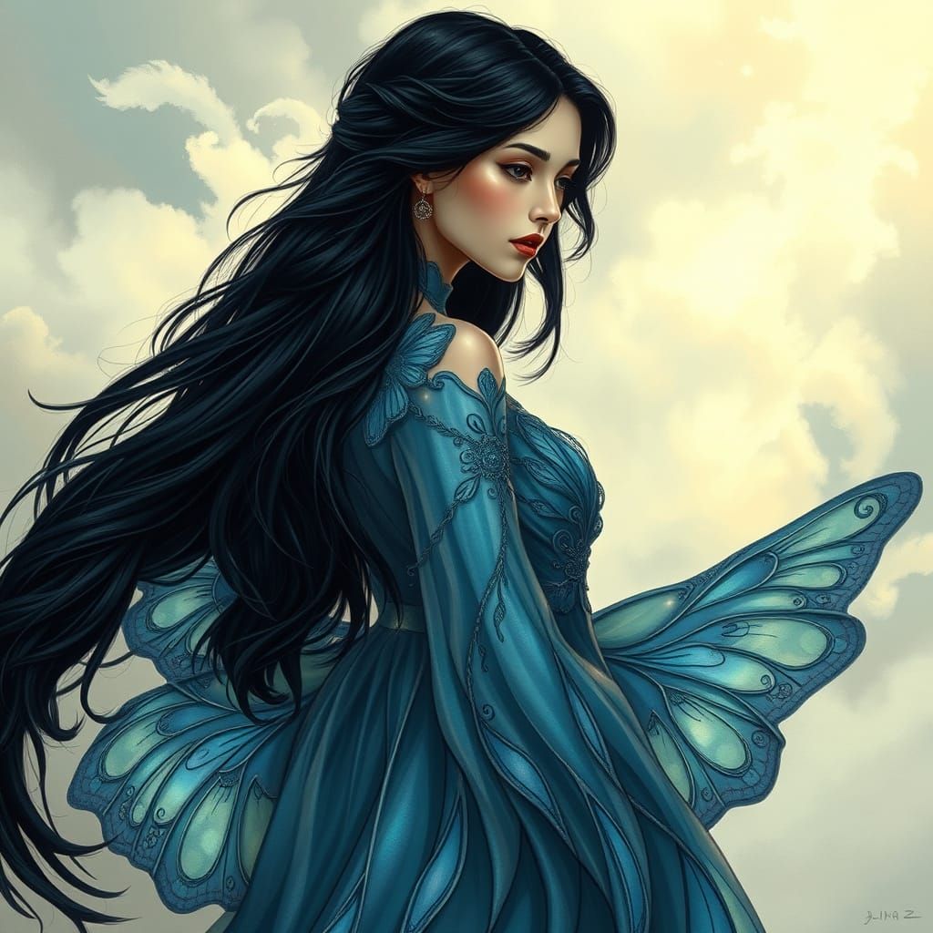 Ethereal Goddess in Iridescent Blue, Whispers of Butterfly W...