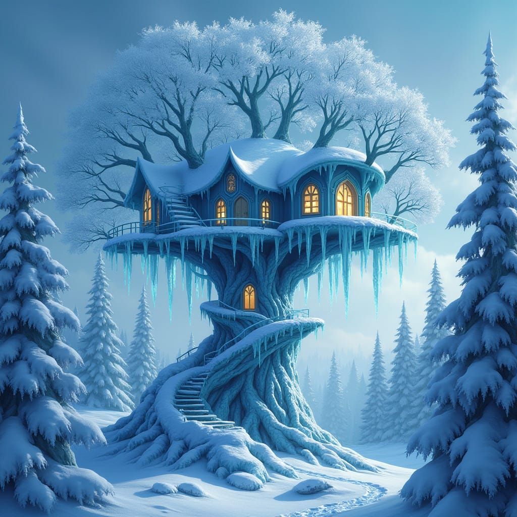 Ethereal Ice Treehouse in Winter Wonderland