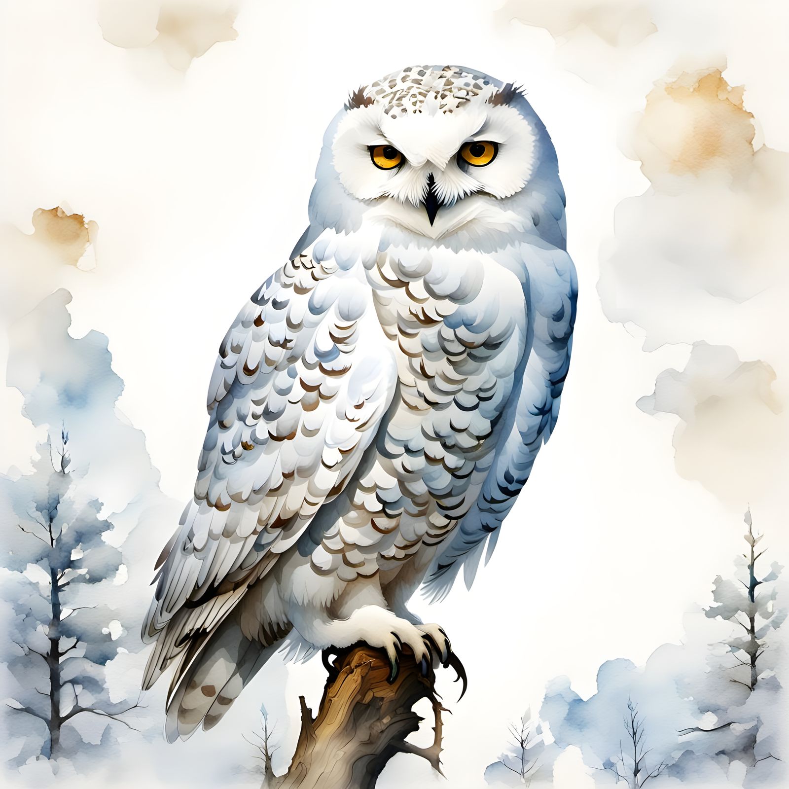 Snowy Owl Portrait in Watercolor Style