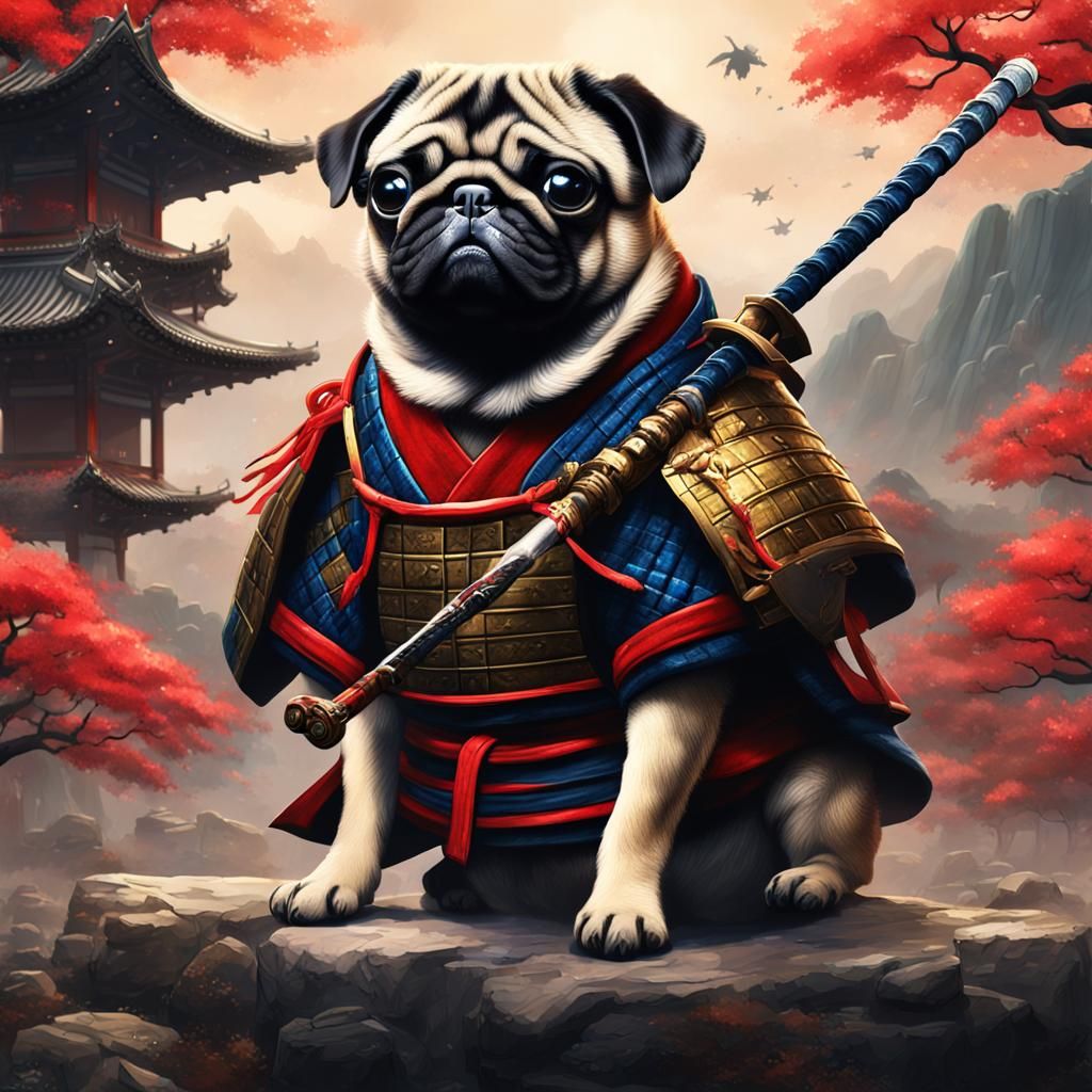 Pug Samurai in Detailed Matte Painting