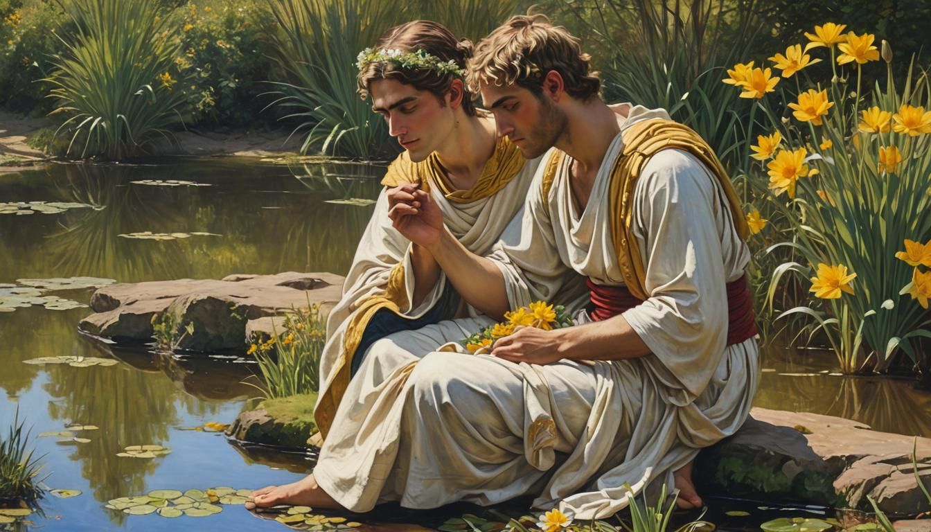 Narcissus Gazing at Reflection, Oil Painting