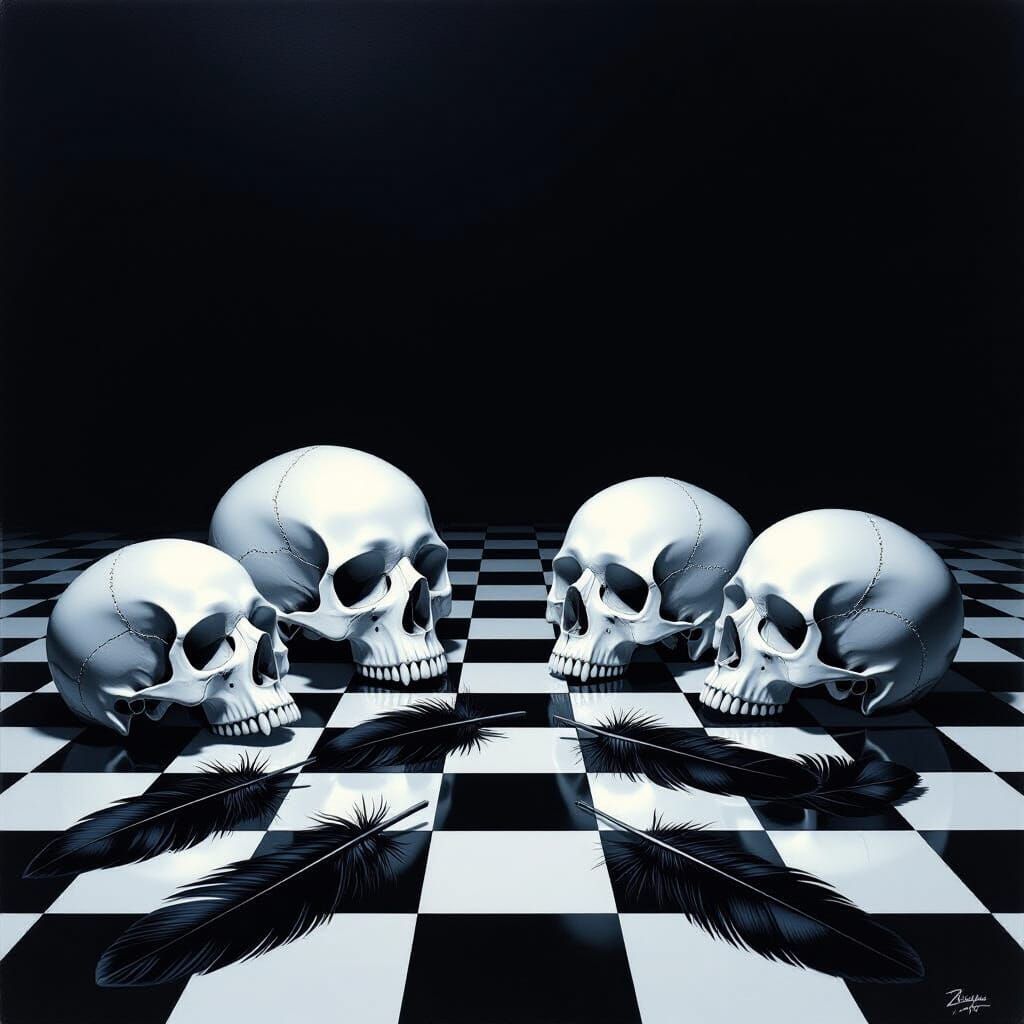 Surreal Skulls and Feathers on Chessboard