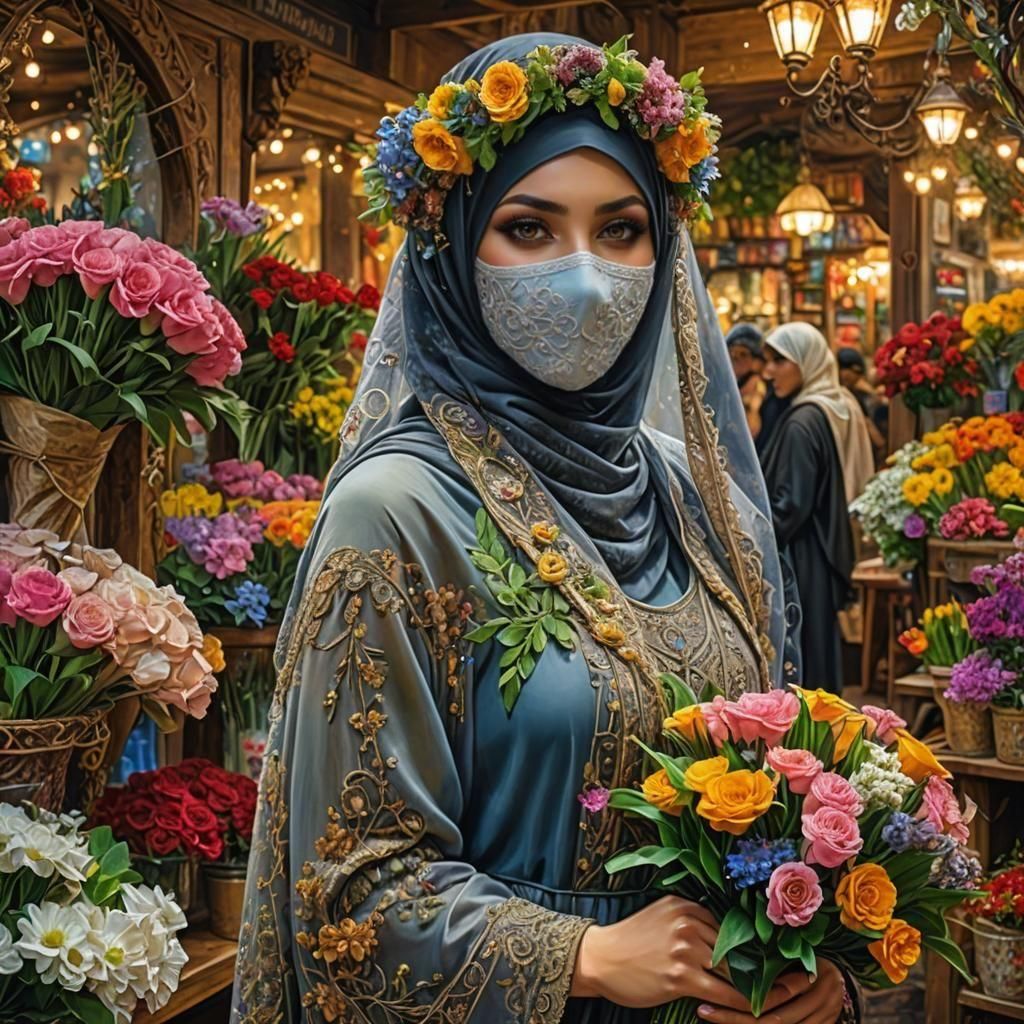 Niqabi Lady in Flower Shop, Detailed HDR Portrait