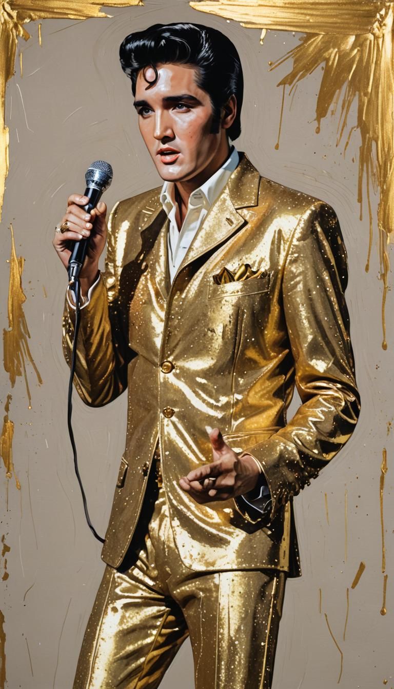 Elvis Presley in Gold Suit: Gouache Pop Art Portrait