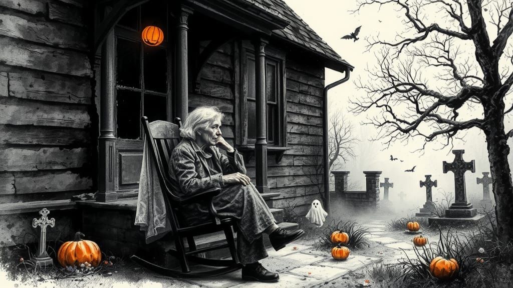 Halloween Ink Splatter Art: Old Woman on Porch
